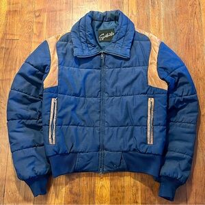 Vintage Sportcaster ‘80s Cropped Puffer Double Zipper Blue Brown Bomber Jacket M